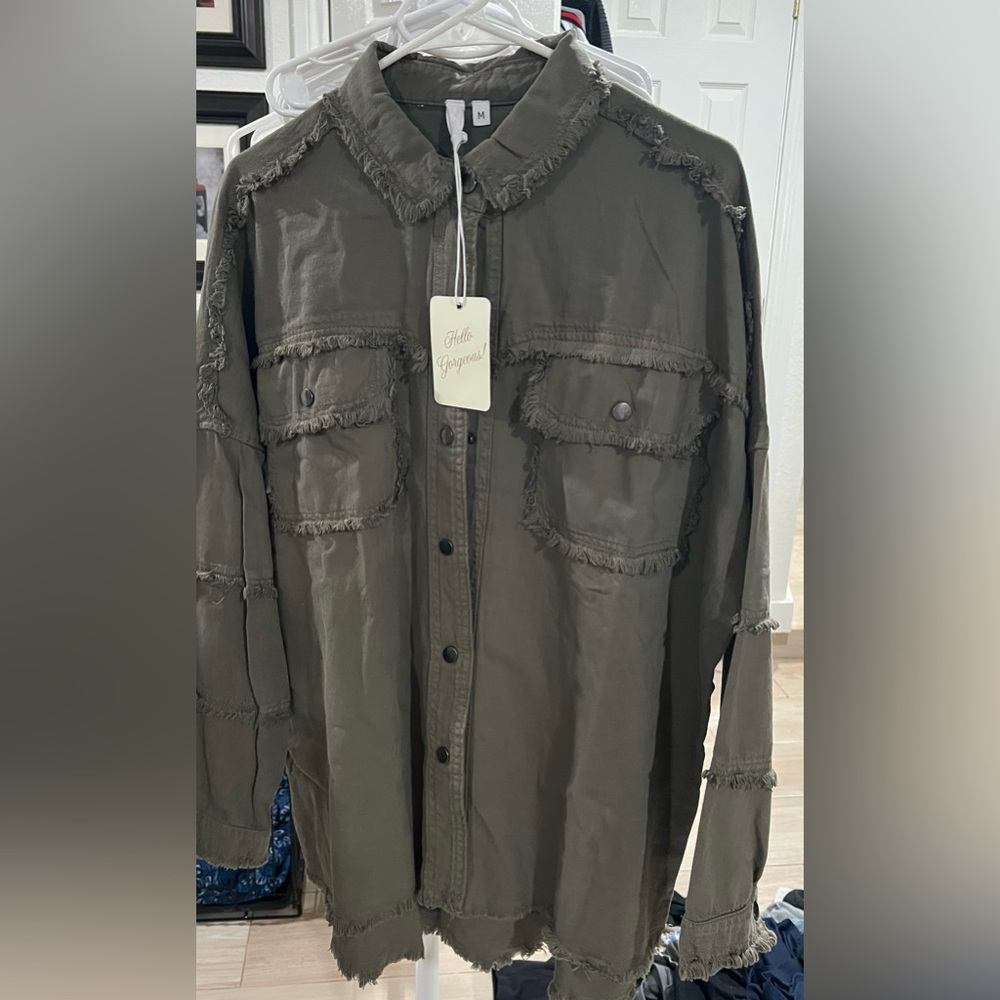 Woman Olive Green Frayed Shirt Jacket